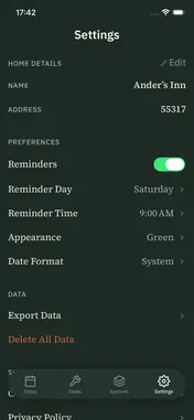 Stu Settings screen: home details and preferences