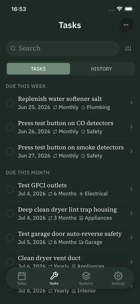Stu Tasks view: maintenance tasks filtered by system