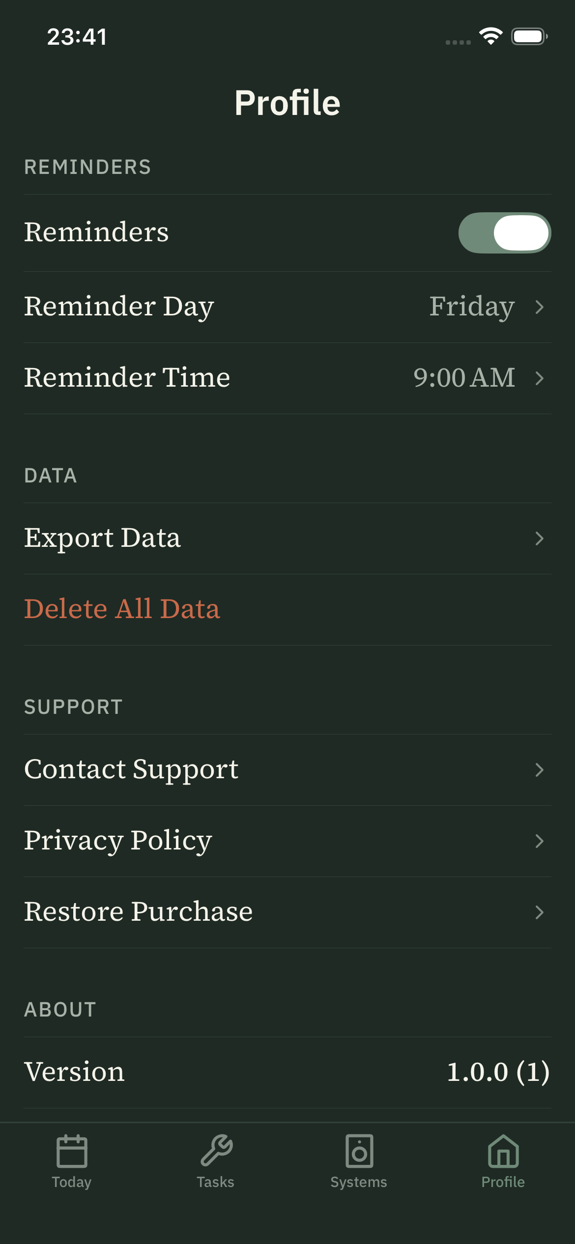 Profile view with reminders and data settings