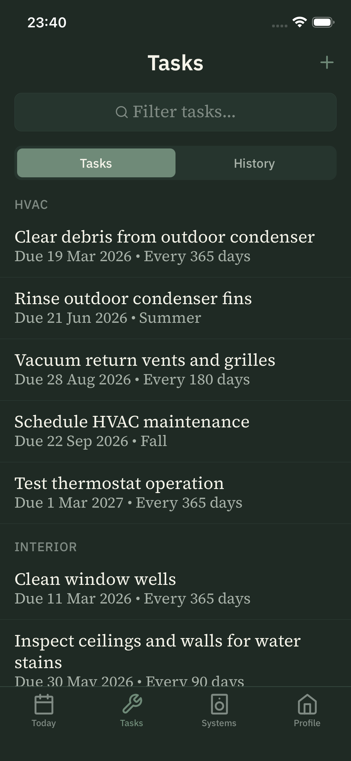 Task list showing all maintenance tasks